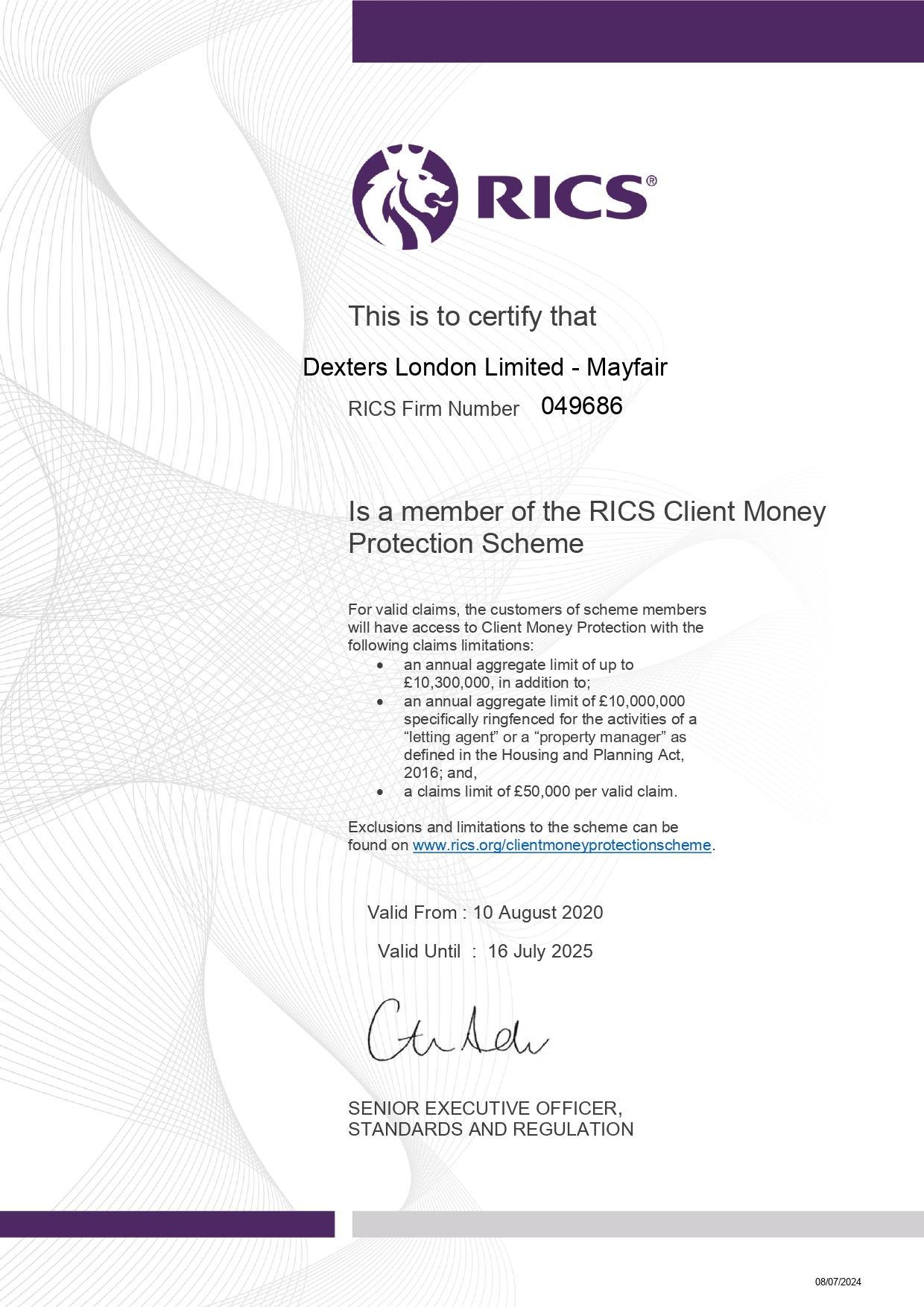 Dexters London Limited RICS Client Money Protection Certificate